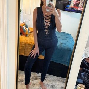 MEBON 💕 Blue Denim Lace-Up Stretch Fitted Jumpsuit - MEDIUM
